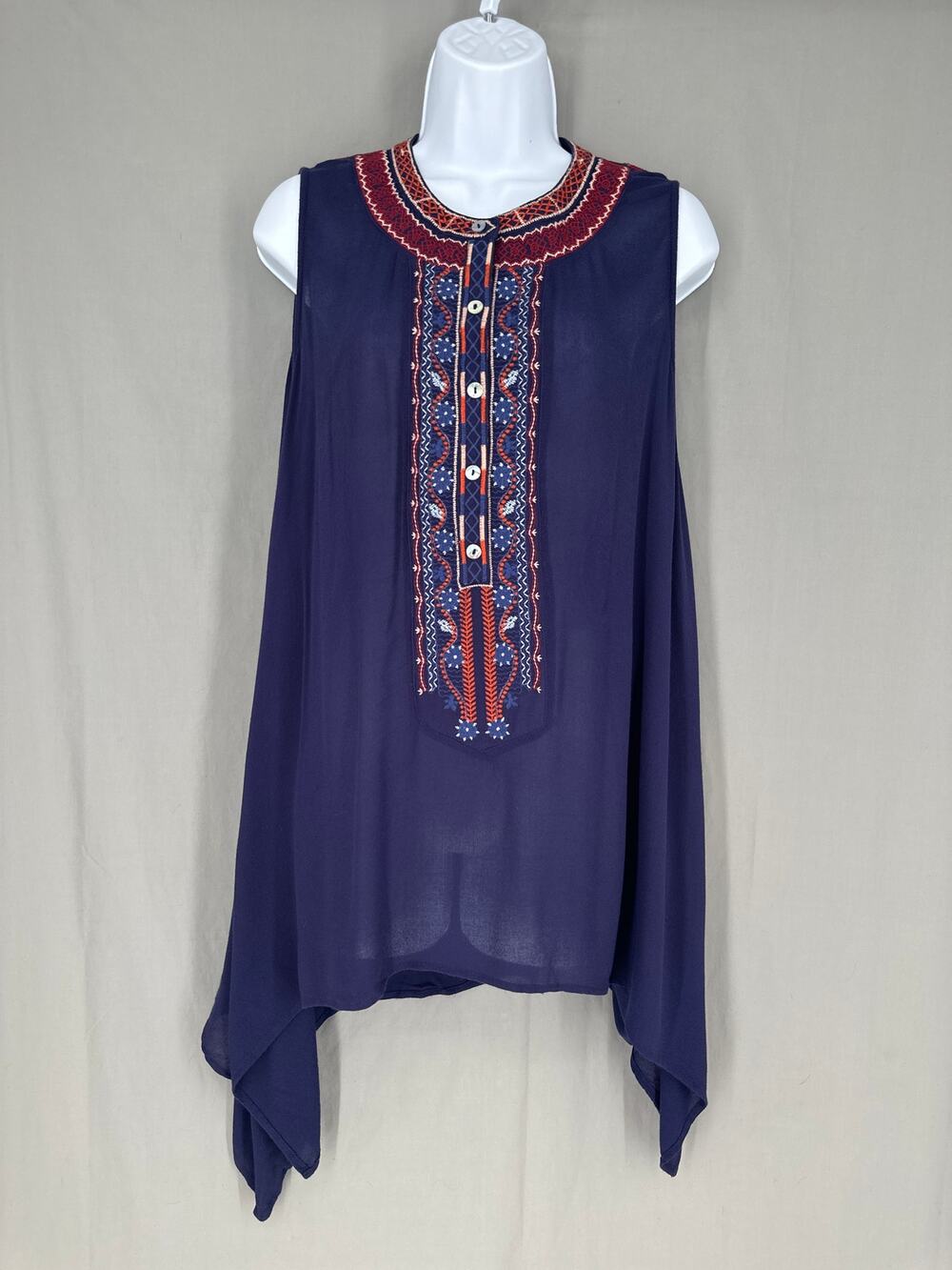 Umgee Top Womens Medium Navy Blue Tunic Flowy Embroidered Boho Bohemian Button